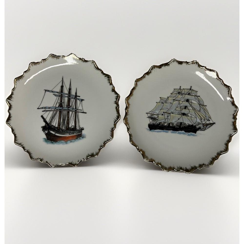 Vintage Japan Porcelain Ship Plates Gold Gilt Scalloped Nautical 7" Set 2